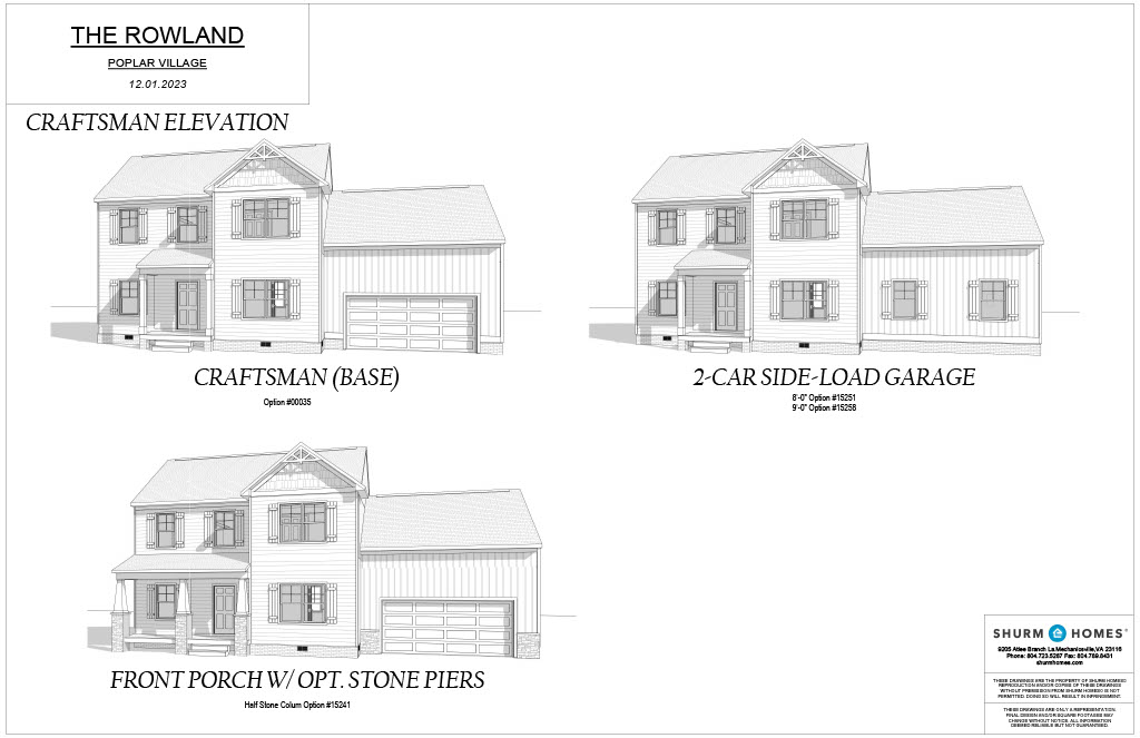 Blueprint showing three architectural designs for "The Rowland" house in Poplar Village: Craftsman Elevation, 2-Car Side-Load Garage, and Front Porch with Optional Stone Piers.