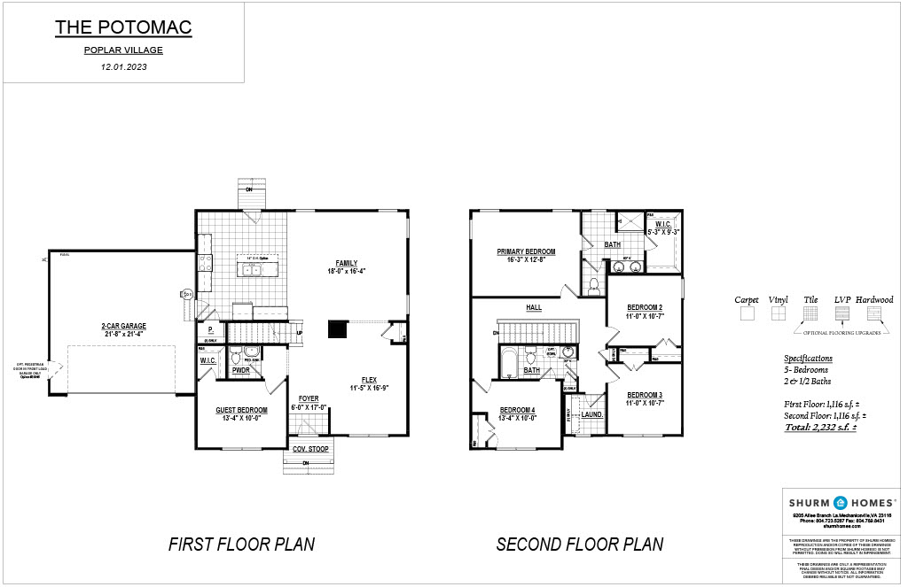A floor plan for a two-story home named "The Potomac," showing the layout of the first floor with living areas and a garage, and the second floor with four bedrooms and two bathrooms.