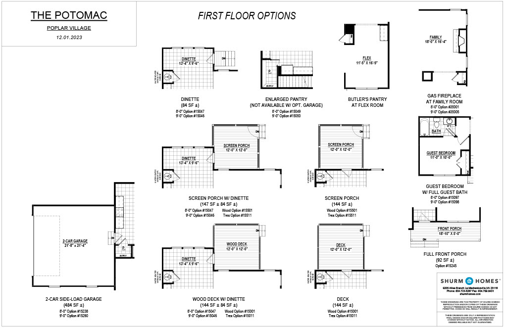 Architectural floor plan titled "The Potomac" showing various first-floor layout options, including garages, porches, deck, dinette, butler's pantry, gas fireplace, and guest bedroom options.