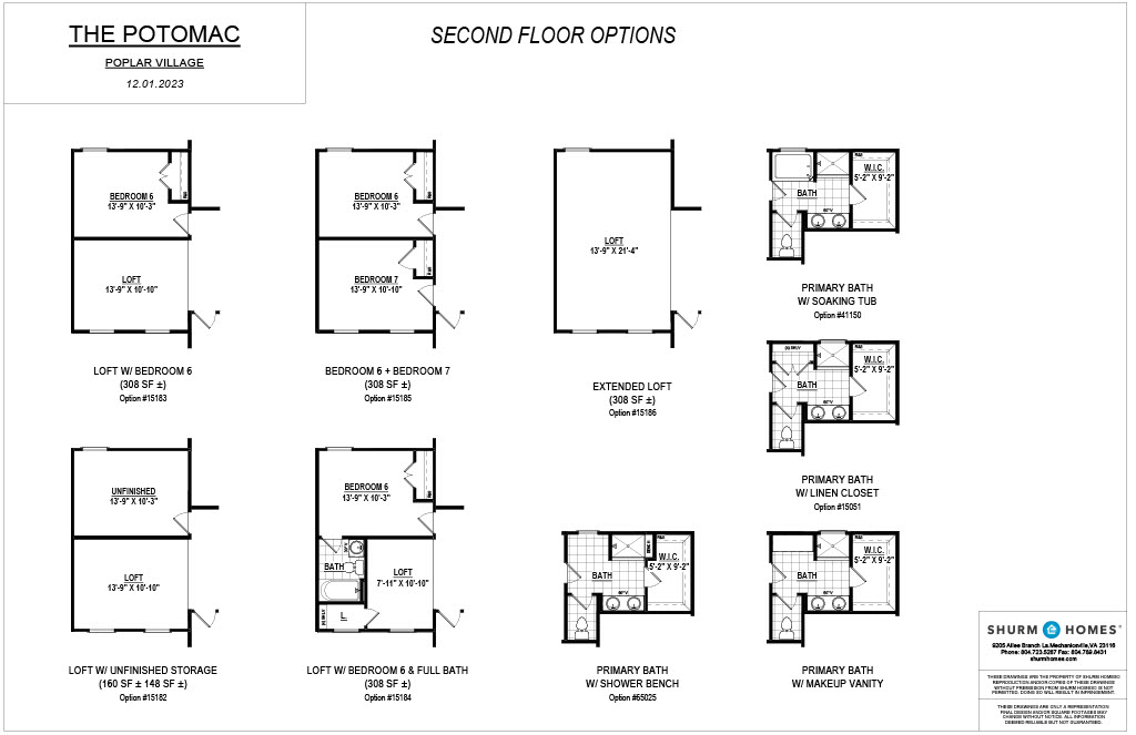 Black and white floor plan titled "THE POTOMAC SECOND FLOOR OPTIONS" showing eight different room layout configurations for a home. Labels include measurements and specific layout features.