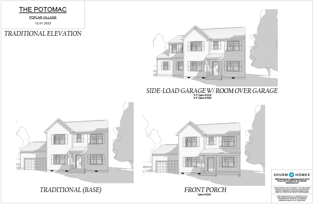 Blueprint of "The Potomac" model from Shurm Homes. Includes traditional elevation, side-load garage with room above, traditional base, and front porch views. Located in Poplar Village.