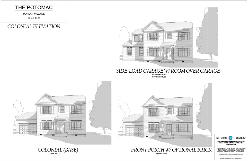 Architectural design plans for "The Potomac" at Poplar Village displaying three variations: a colonial elevation, a side-load garage with a room over the garage, and a front porch with optional brick.