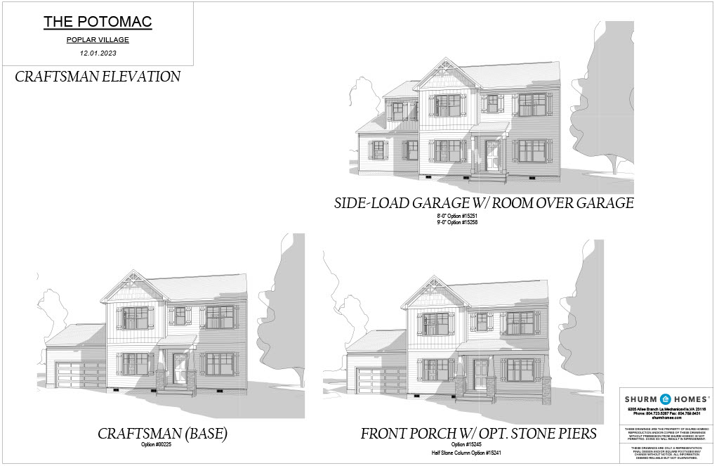 Architectural renderings of "The Potomac" house model from "Shurm Homes". Includes Craftsman elevation, side-load garage with room over garage, Craftsman base, and front porch with optional stone piers.