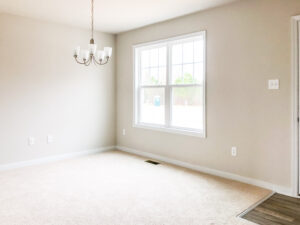 A small, empty room with a beige carpet, beige walls, a window, and a ceiling light fixture.