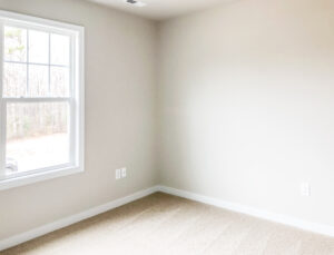 An empty room with beige carpet, an off-white wall, a large window on the left side, and electrical outlets on the right wall.