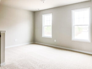 An empty room with light-colored walls, two windows, and beige carpet flooring.