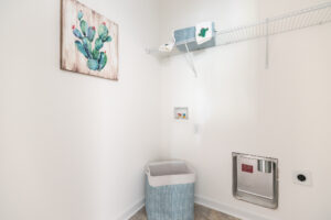A laundry room with a white wall, a cactus-themed painting, a wall shelf holding a basket and a towel, a laundry basket on the floor, and a small pet door in the wall.