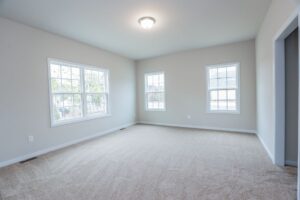 Empty room with beige carpet, gray walls, and three windows—perfect for new homes in Richmond VA.