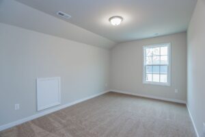 Empty carpeted room with beige walls in one of the new homes in Richmond VA, ceiling light, and daylight from a window.