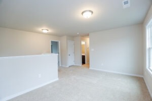 Bright, empty room with beige carpet, white walls, and two ceiling lights in Poplar Villages Lot 31. Door and window included.
