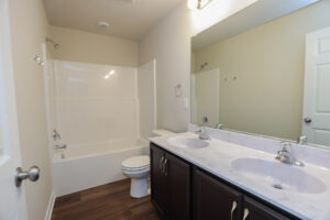 Modern bathroom in Poplar Village, Lot 31, featuring a double sink, large mirror, bathtub, shower, and wooden floor.