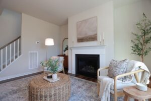 Modern living room in new homes in Richmond VA with neutral tones, fireplace, wicker coffee table, and a potted plant.
