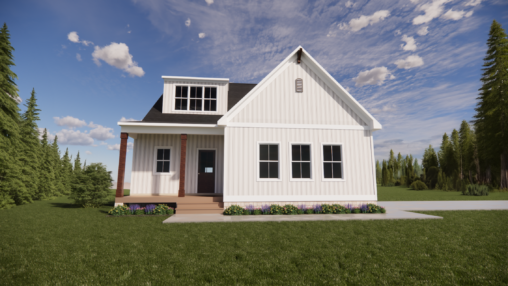 White house in Poplar Village with black roof, surrounded by grass and trees, under a blue sky with clouds.