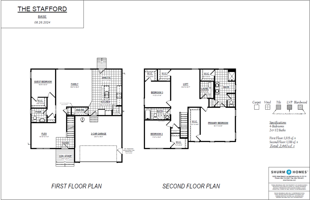 Explore the detailed floor plans for a two-story Stafford home in Poplar Village, complete with labeled rooms and garage specifications.