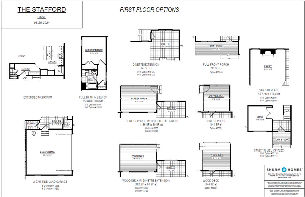 Discover a versatile floor plan at Poplar Village, showcasing diverse layout options for the first floor in Stafford, complete with porches, decks, and extensions.