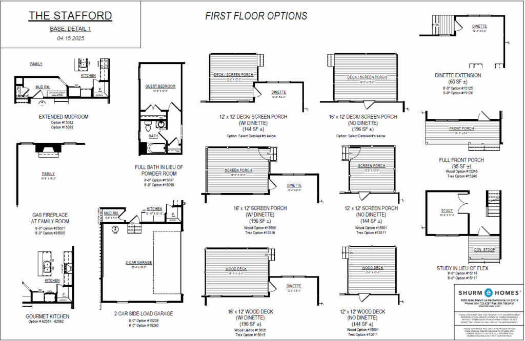 First floor layout options for The Stafford in Poplar Village, with various porch, dinette, and garage configurations.