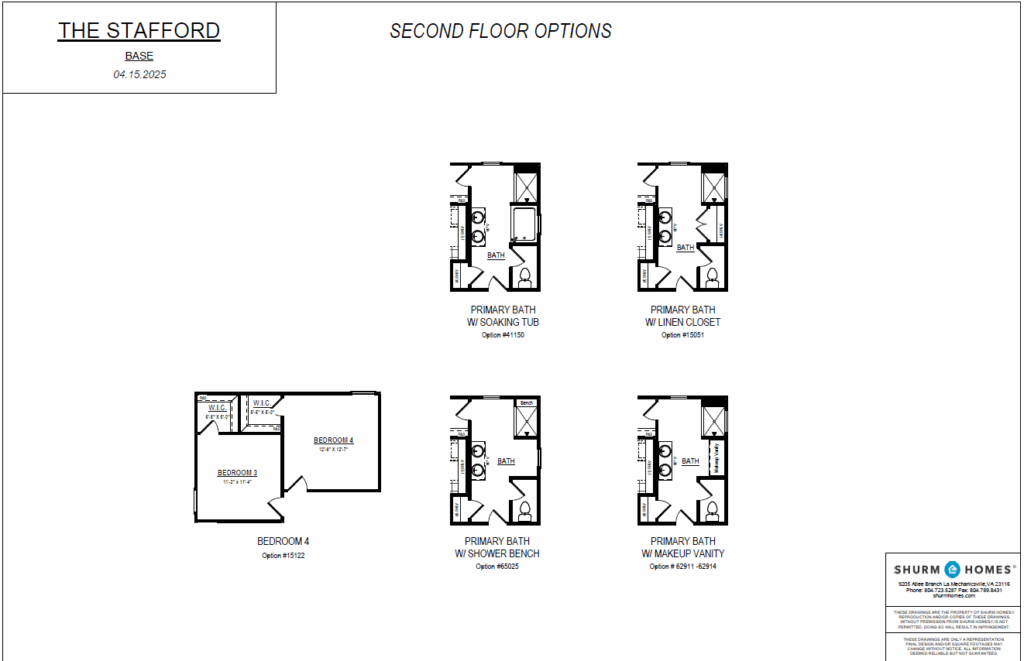 Floor plan for the Stafford at Poplar Village with four primary bath options and one bedroom 4 layout on the second floor.