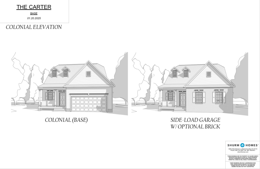 Blueprints of a Carter house in Poplar Village, featuring colonial and side-load garage options with optional brick.
