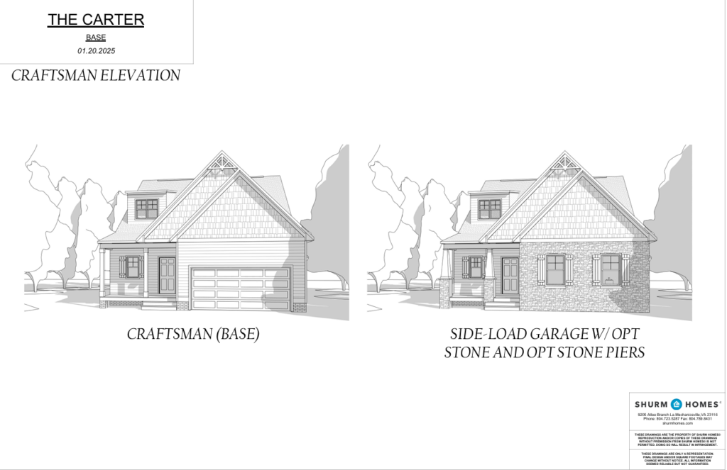 Two architectural line drawings of Craftsman-style houses in Poplar Village, featuring optional garage designs.