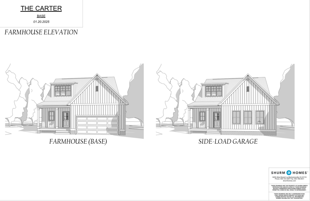 Black and white drawings show two farmhouse designs for new homes in Richmond VA: front or side-load garage options.