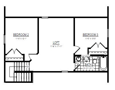 Second floor plan in Carter at Poplar Village with two bedrooms, a loft, bathroom, and stairs.
