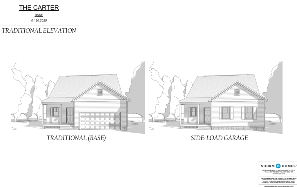 Architectural plans for a Poplar Village home with traditional base and Carter side-load garage.