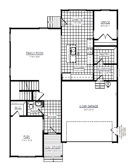 First floor house plan with labeled rooms, including kitchen, family room, garage, office, and pantry.