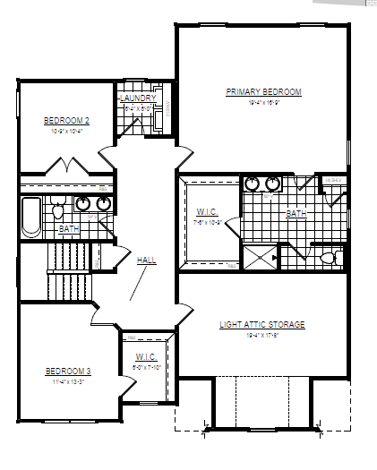 Black-and-white floor plan showing three bedrooms, bathrooms, laundry, hall, W.I.C., and attic storage.