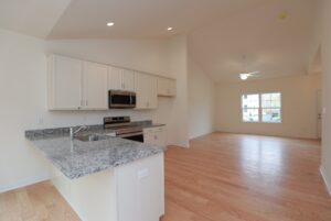 Modern open-concept kitchen and living area found in stylish new homes in Richmond VA, with wood floors and large windows.