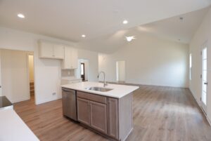 Open-plan kitchen with island sink and dishwasher, leading to a spacious living area—perfect for new homes in Richmond VA.