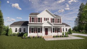 A large, two-story white house with red shutters in Scotchtown Estates, surrounded by greenery under a blue sky.