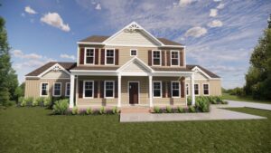 Two-story house in Scotchtown Estates with gable roof, beige siding, and front porch under a clear blue sky.