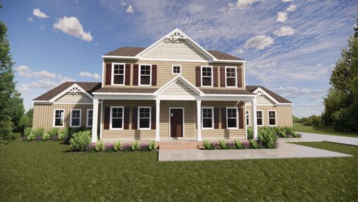 Two-story house in Scotchtown Estates with gable roof, beige siding, and front porch under a clear blue sky.