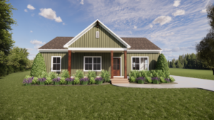 Green single-story house with front porch and gable roof—perfect for those seeking new homes in Richmond VA.