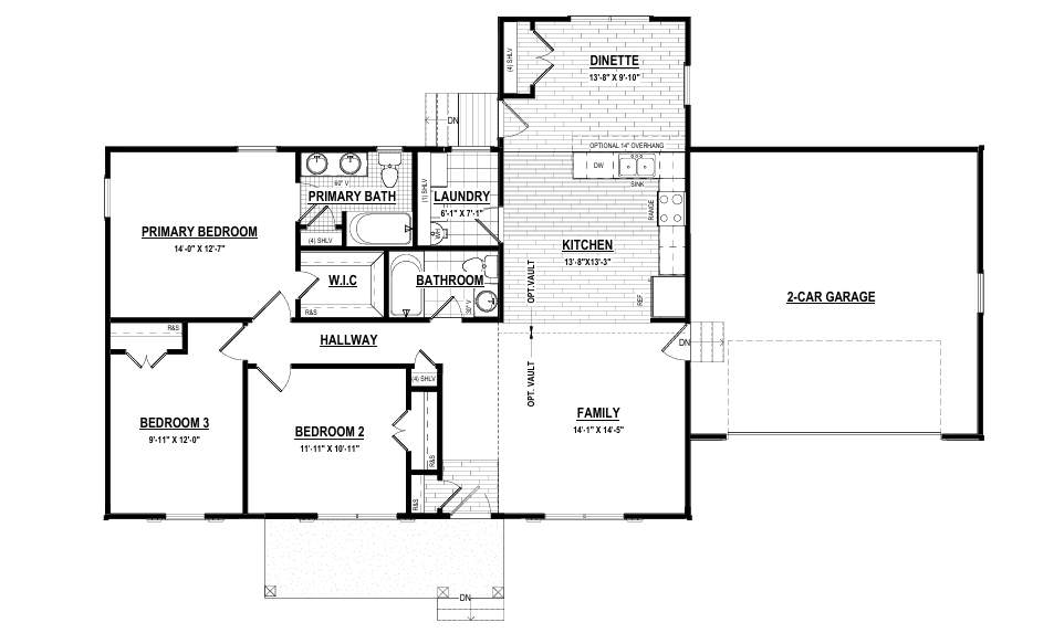 Floor plan of a new home in Richmond featuring three bedrooms, two baths, kitchen, laundry, family area, and two-car garage.