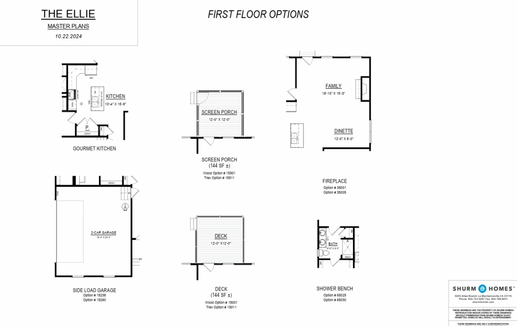 First floor plan options for The Ellie at Poplar Village, including kitchen, porch, garage, deck, family, and shower.