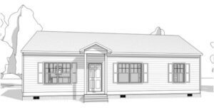 Black and white drawing of a single-story new home with two windows and a centered front door.