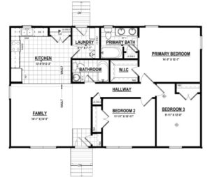 Explore the floor plan of a new home: 3 bedrooms, 2 baths, kitchen, laundry, family room, and hallway layout.