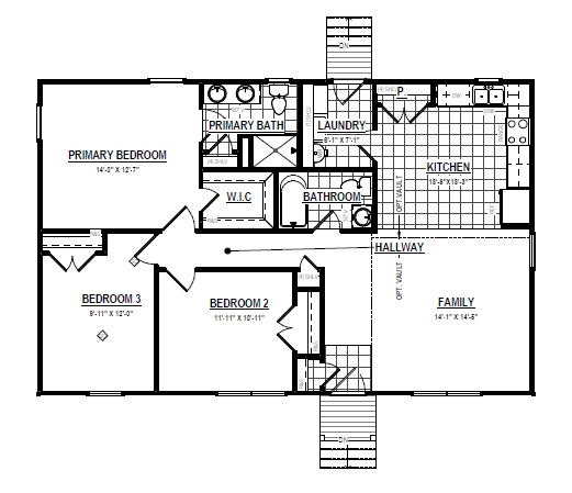 Black and white floor plan layout for Poplar Village with three bedrooms, two bathrooms, kitchen, family room, and laundry area.