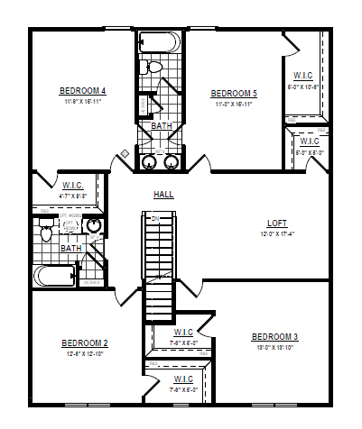 Belleair second floor plan with five bedrooms, two baths, a loft, walk-in closets, and a central staircase.