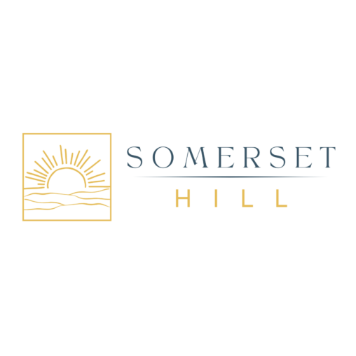 Logo with a sun over hills icon and SOMERSET HILL text, representing new homes in Virginia, on a black background.