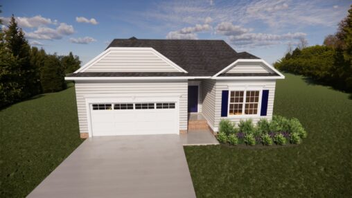 Charming single-story house in Richmond with gray roof, white siding, garage, driveway, and lush greenery.