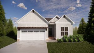 White single-story house in Poplar Village with a gabled roof, garage, and front garden under a blue sky.