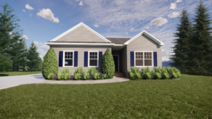A small, single-story house in Poplar Village with gray siding, a front yard, and trees under a blue sky.