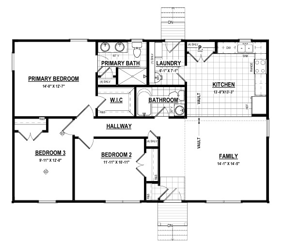 Floor plan for Lot 15 at Poplar Village: three bedrooms, two bathrooms, laundry, kitchen, family room, and walk-in closet.
