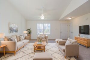 Bright living room in new homes in Virginia with beige sofas, a fluffy rug, TV, and large windows with natural light.