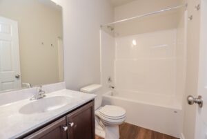 Modern bathroom in new homes in Virginia with white bathtub, dark vanity, and wood-style flooring.