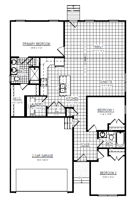 Floor plan of a new home with three bedrooms, two baths, a 2-car garage, kitchen, family room, and dinette in Virginia.