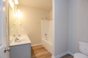 Modern bathroom with a double vanity, mirror, bathtub, toilet, and wood flooring.