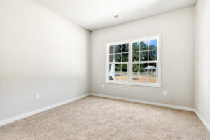 Empty room with beige carpet, white walls, and a large window overlooking Lot 57 in Patrick Henry Heights.